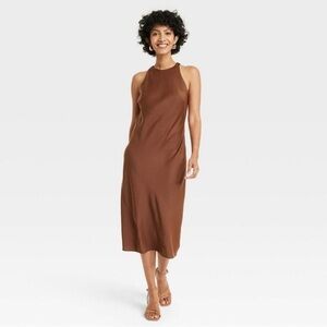 Brown Satin High Neck Slip Dress